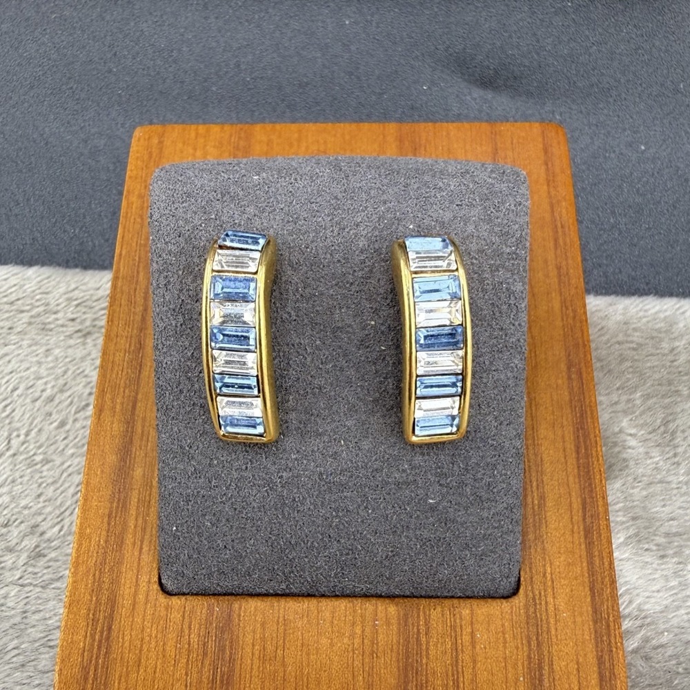 Vintage Swarovski Hoop Earrings Gold Tone Blue Rhinestone Signed SAL READ